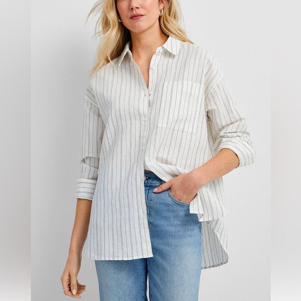 Contemporaine Simons grey striped boyfriend fit button down long sleeve shirt XS